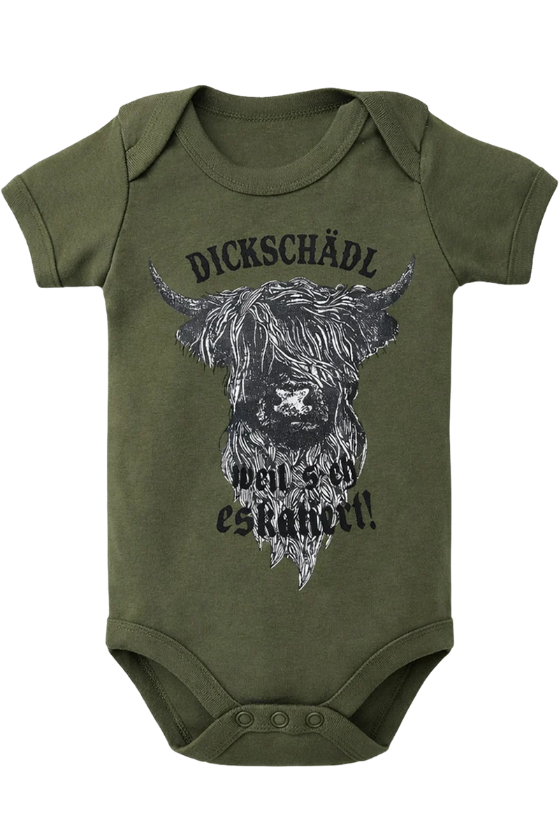Baby Body mit Hochlandrind 'Dickschädl' - oliv