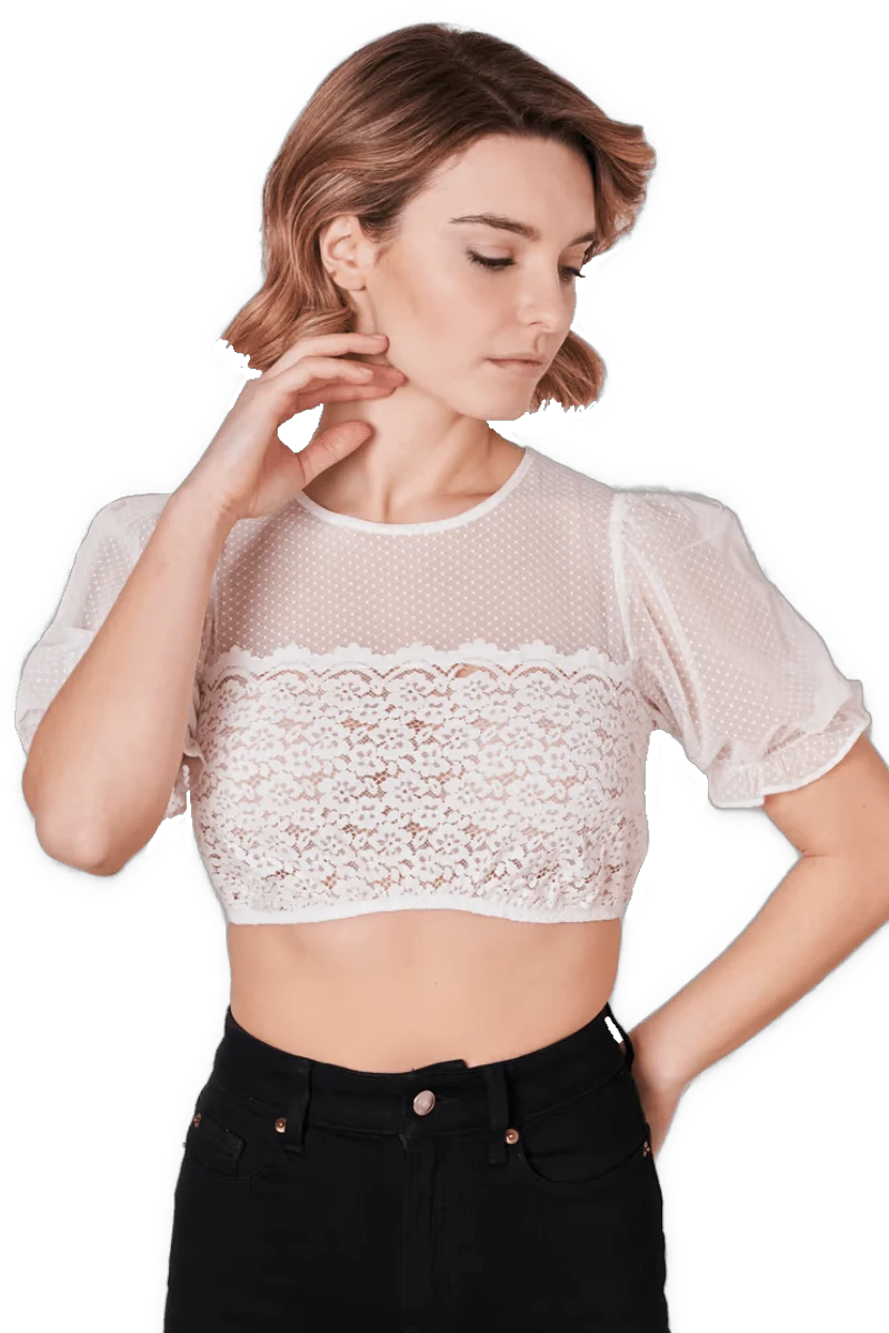 Dirndlbluse Krüger Madl, Keona, ecru, hochgeschlossen, Puffärmel