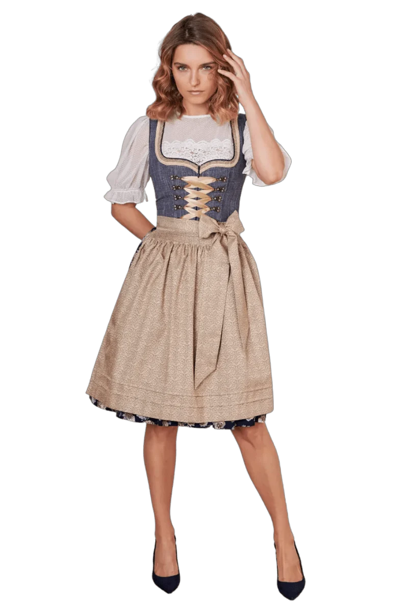 Dirndl Krüger Madl, Justine, 60 cm, Midi, blau, gold, Gr. 44
