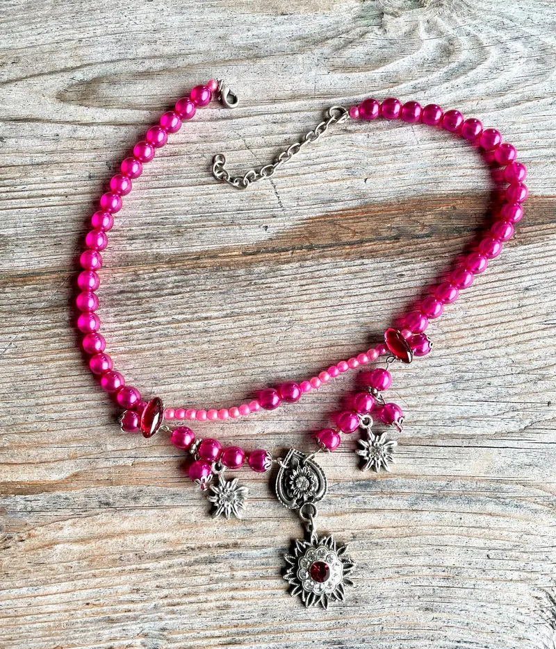Trachten Kette Collier, pink, Blüten Perlen