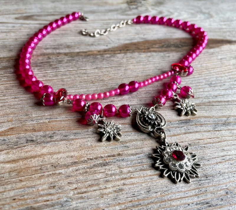 Trachten Kette Collier, pink, Blüten Perlen