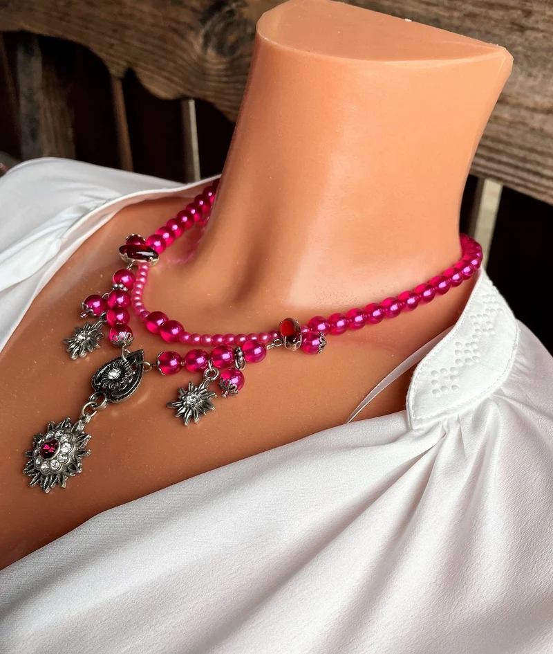 Trachten Kette Collier, pink, Blüten Perlen
