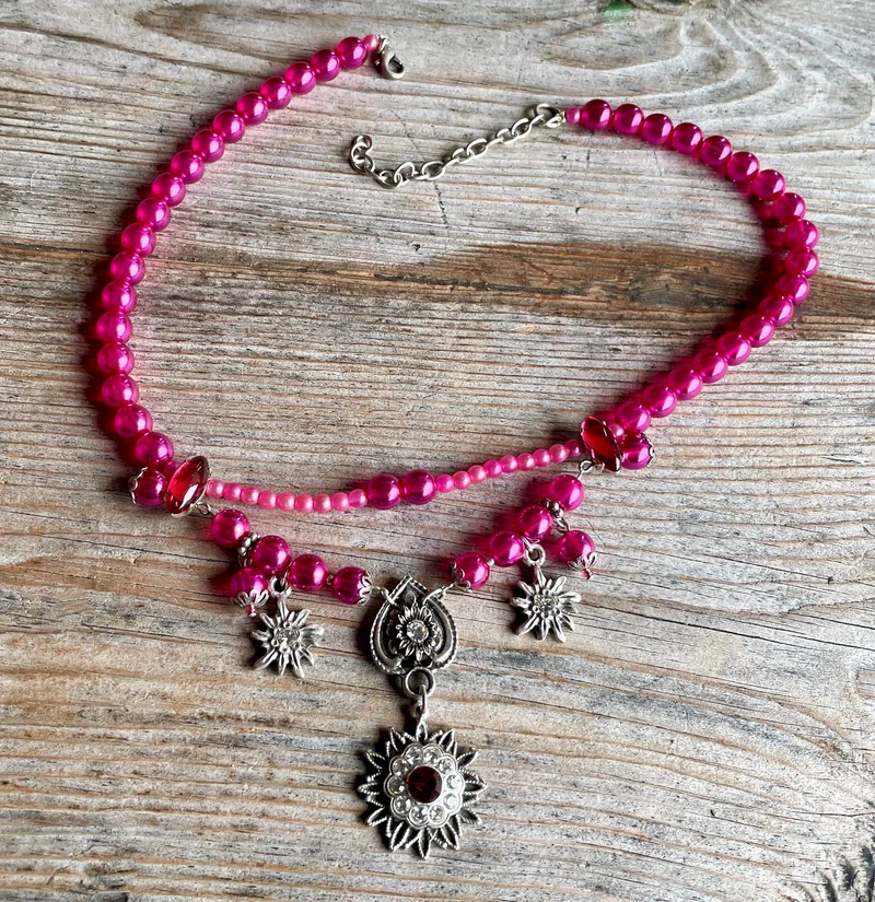 Trachten Kette Collier, pink, Blüten Perlen