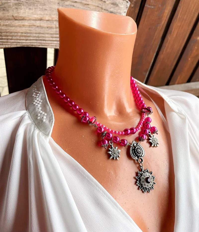 Trachten Kette Collier, pink, Blüten Perlen