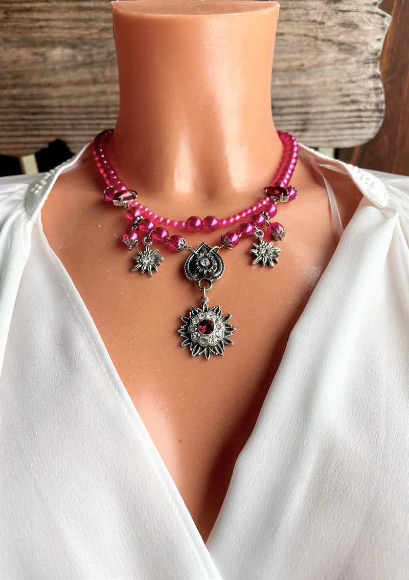 Trachten Kette Collier, pink, Blüten Perlen