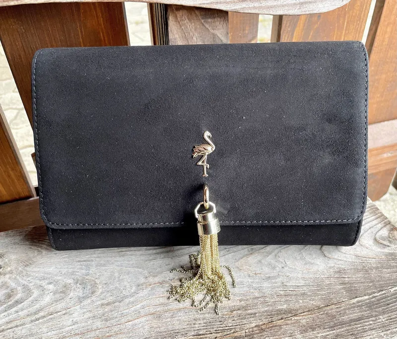 Handtasche, Umhängetasche, Menbur, schwarz Wildleder