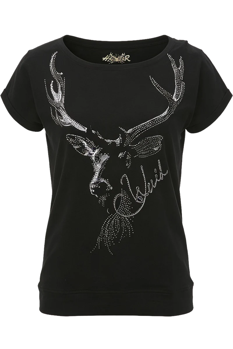 Damen Trachtenshirt mit Hirschmotiv und Glitzersteinen - schwarz