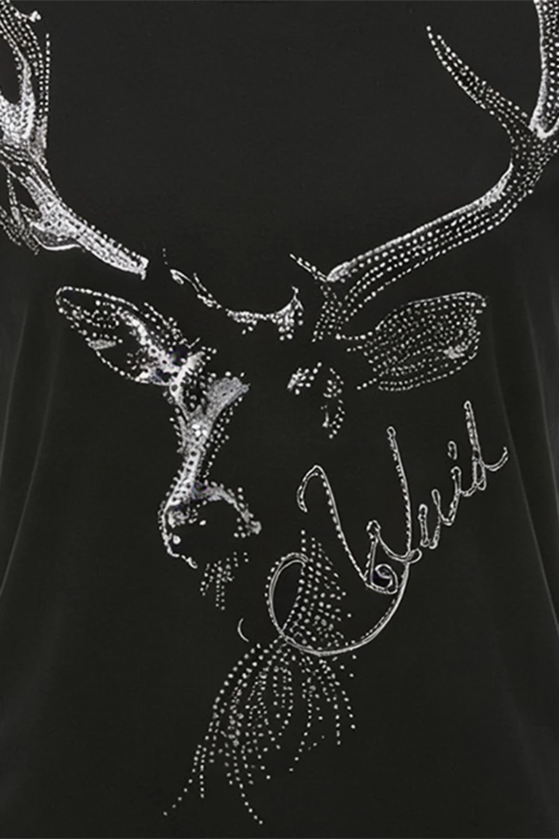 Damen Trachtenshirt mit Hirschmotiv und Glitzersteinen - schwarz