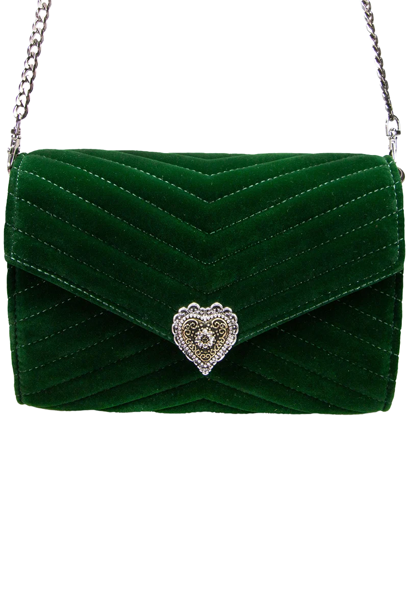 Damen Samtclutch Umhängetasche mit Herz - grün