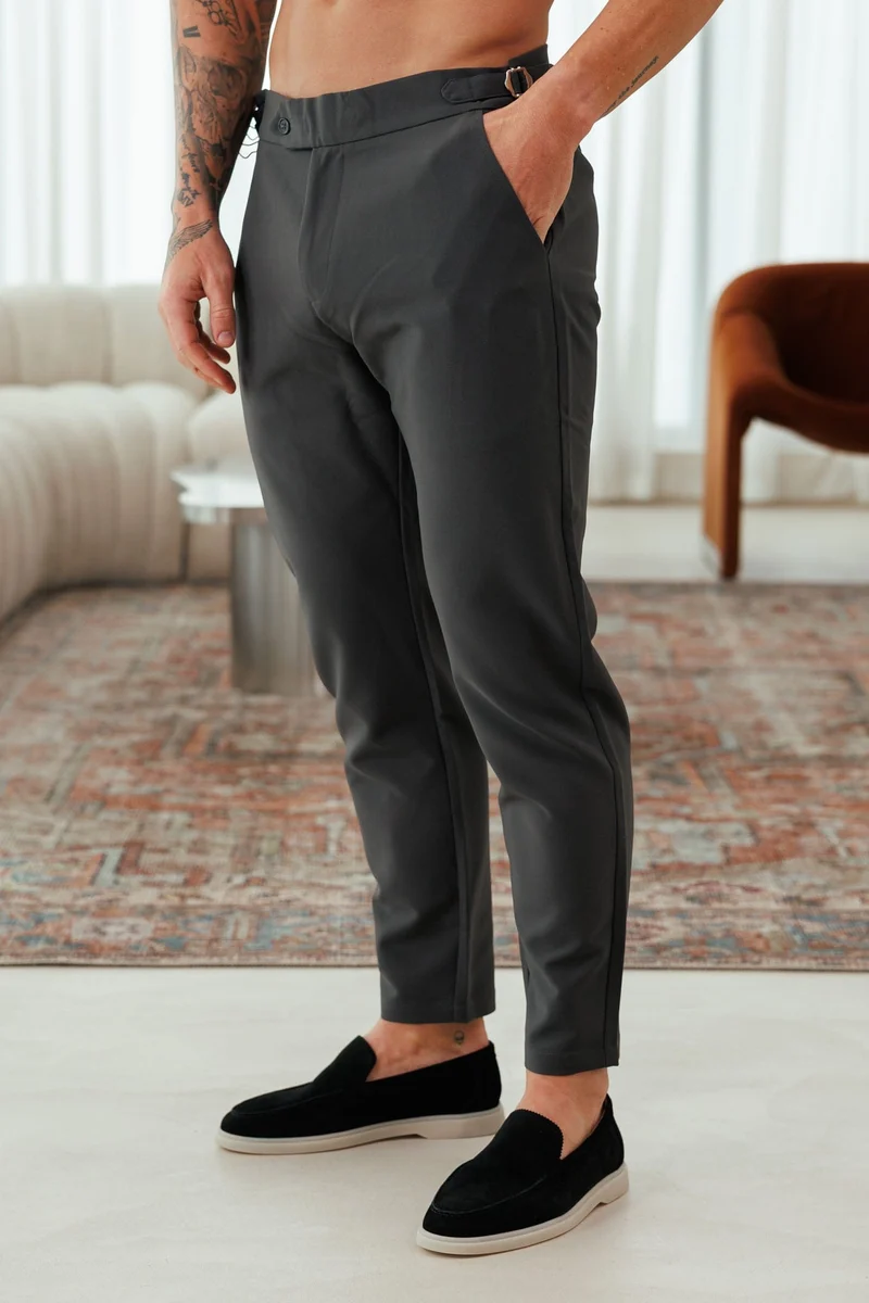 SLIM FIT PLAIN STRETCH TROUSER W/ SIDE CINCH - GREY