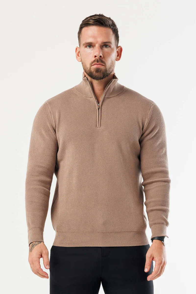 RIDGE KNIT QUARTER ZIP - BROWN