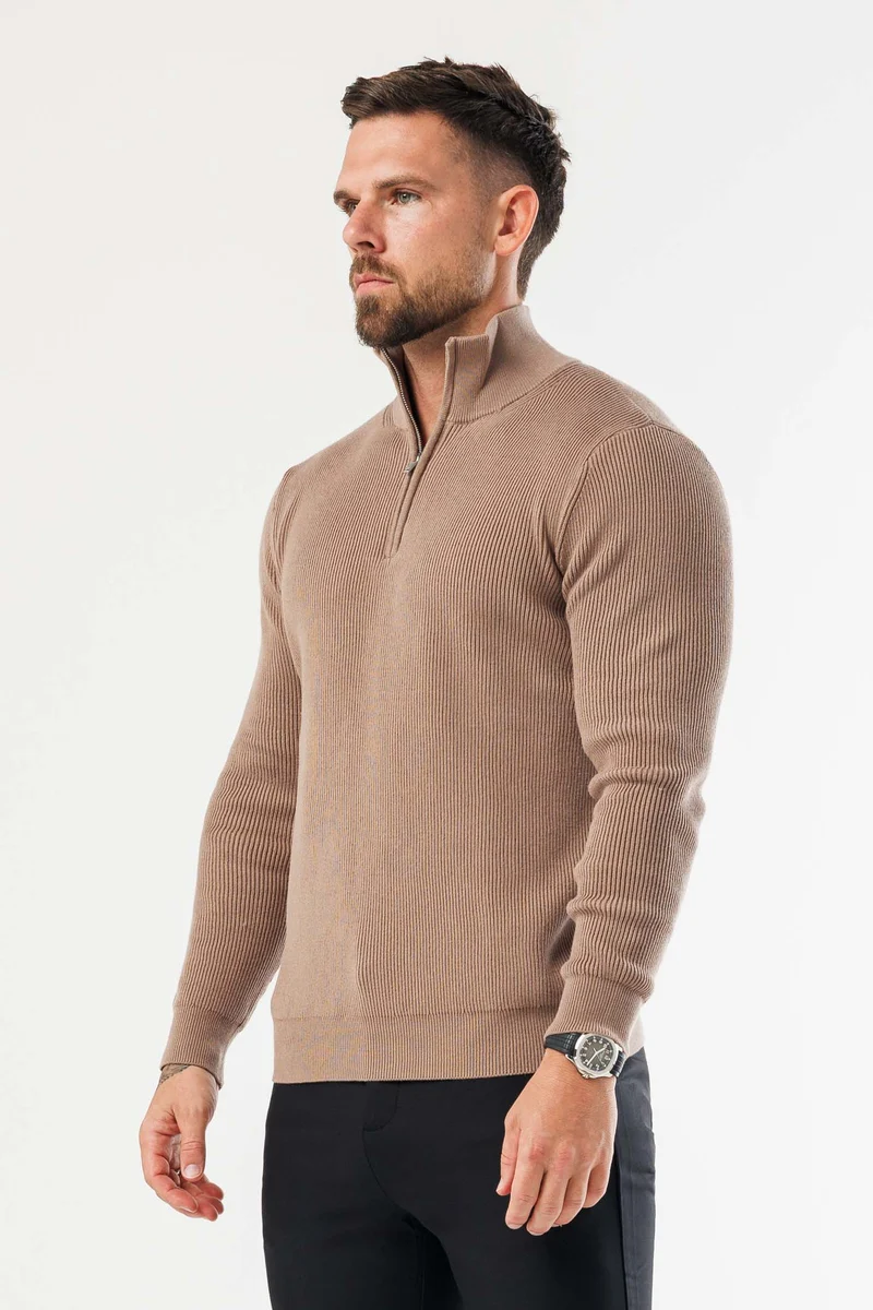 RIDGE KNIT QUARTER ZIP - BROWN