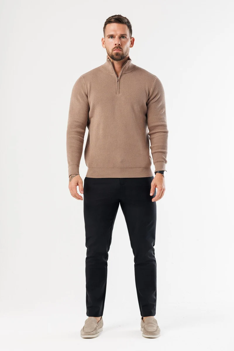 RIDGE KNIT QUARTER ZIP - BROWN
