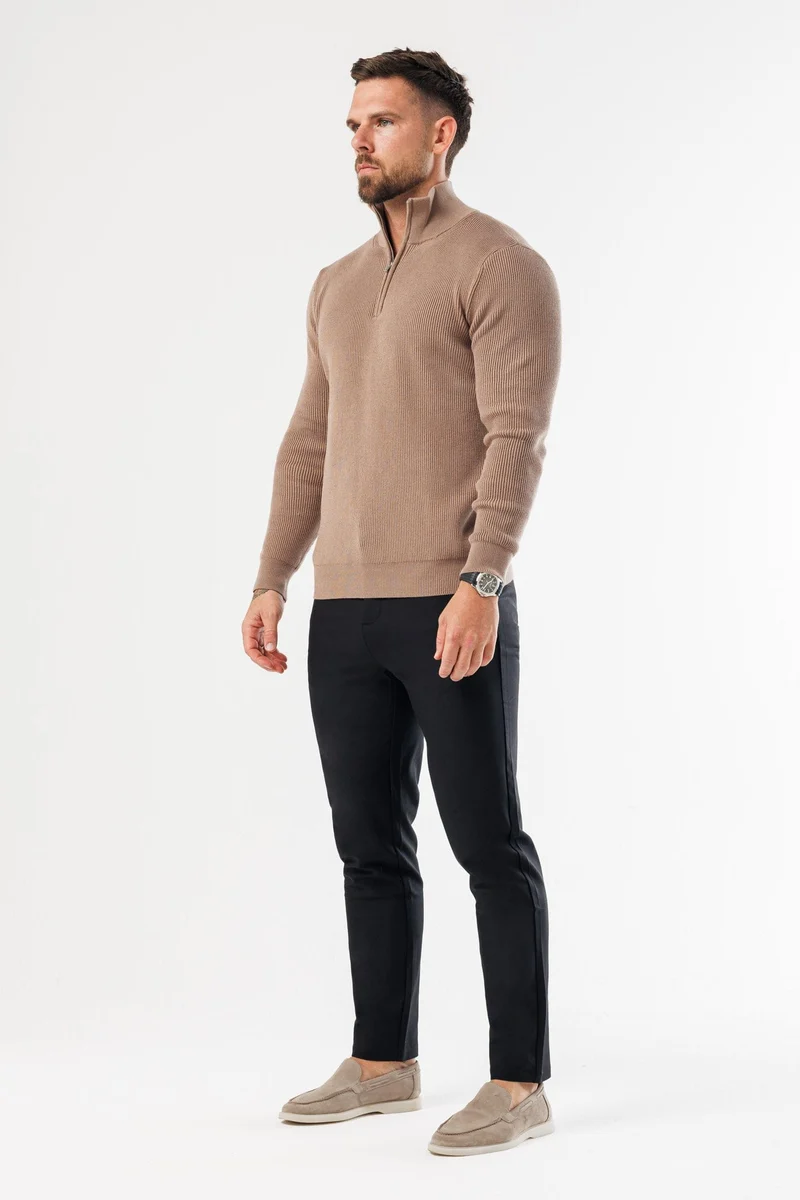 RIDGE KNIT QUARTER ZIP - BROWN