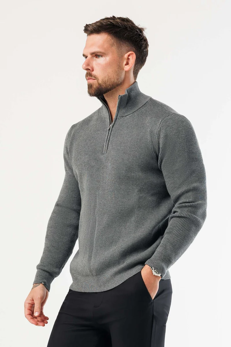 RIDGE KNIT QUARTER ZIP - DARK GREY MARL