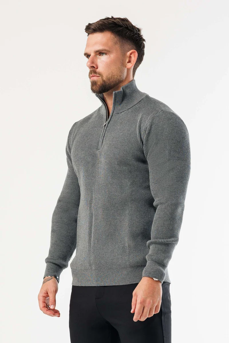 RIDGE KNIT QUARTER ZIP - DARK GREY MARL