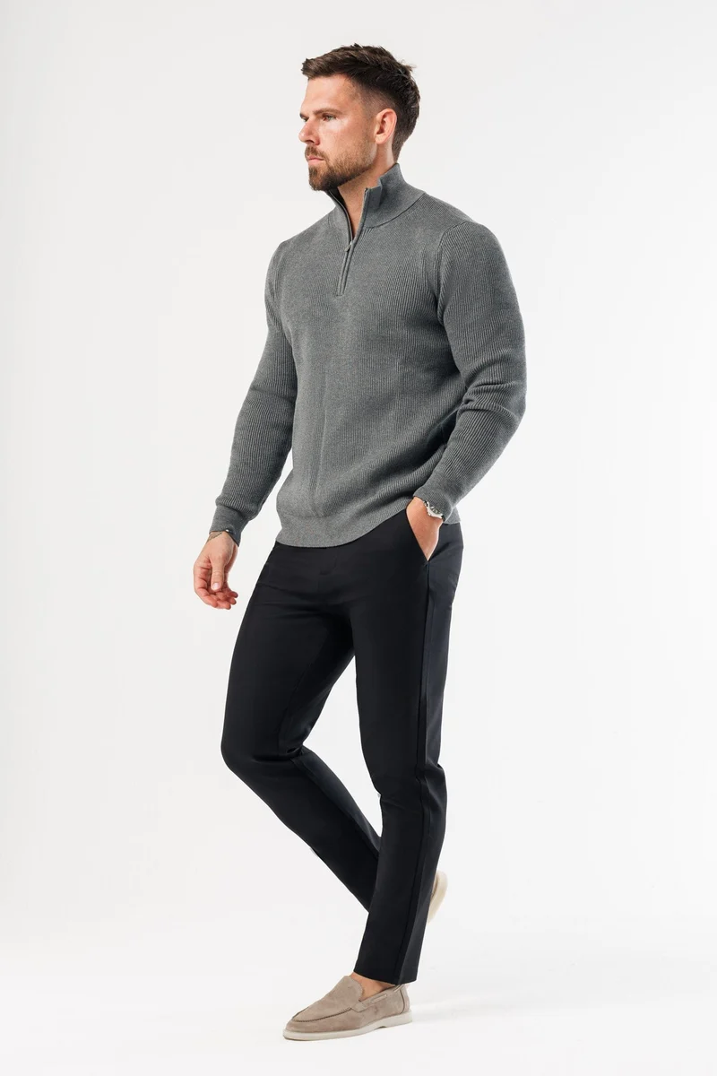 RIDGE KNIT QUARTER ZIP - DARK GREY MARL