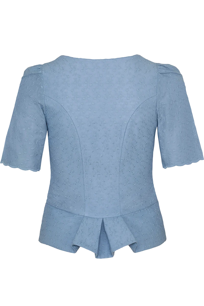 Damen Miederbluse mit Arm und Blütenstickerei - hellblau