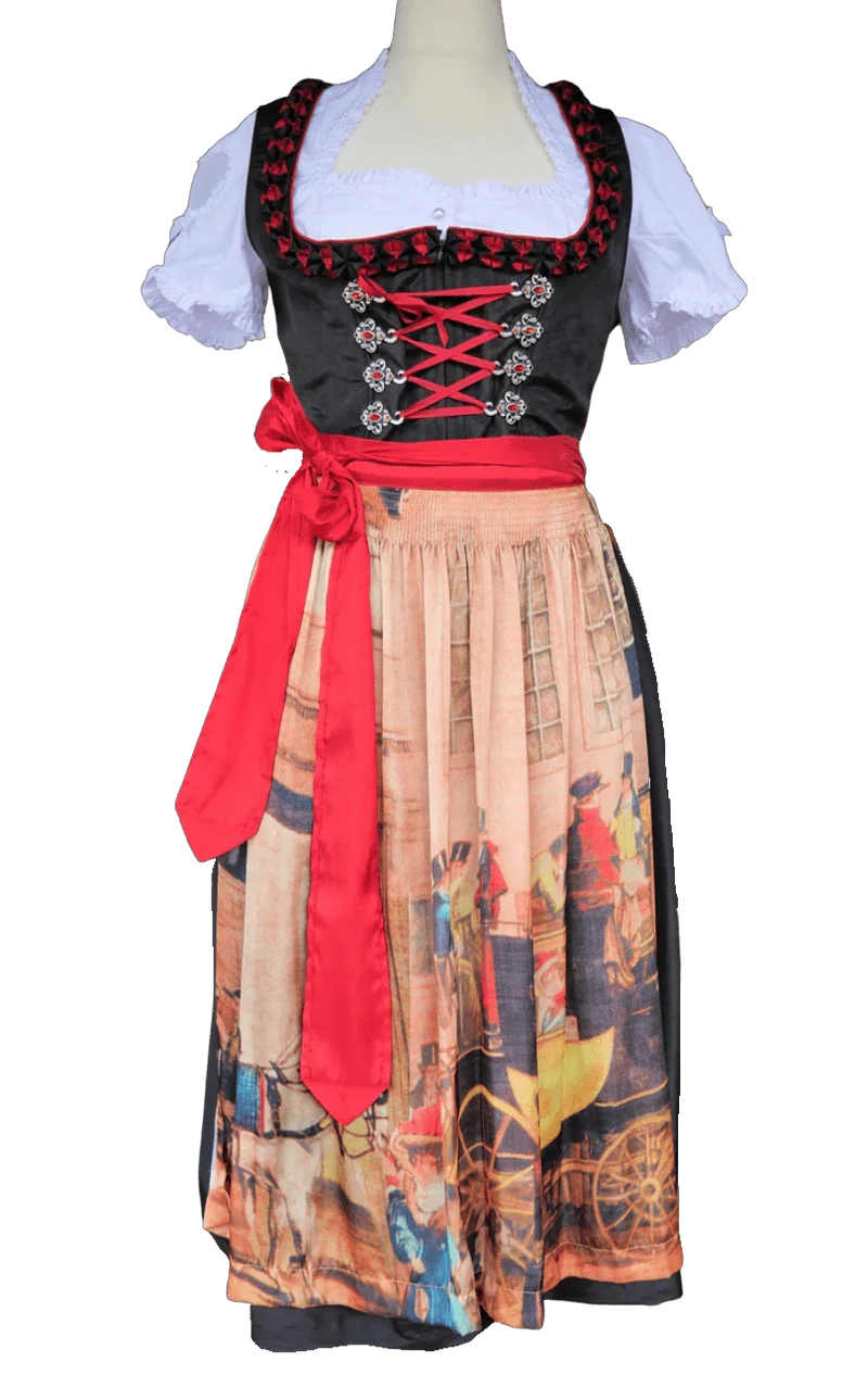 Dirndl Krüger Madl, Druckschürze, schwarz rot Midi 60 cm, Gr. 34