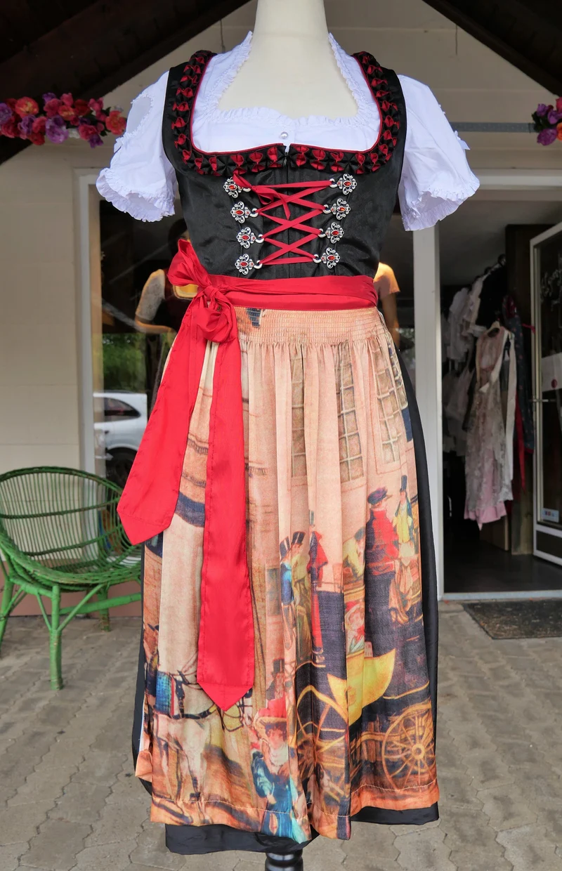 Dirndl Krüger Madl, Druckschürze, schwarz rot Midi 60 cm, Gr. 34
