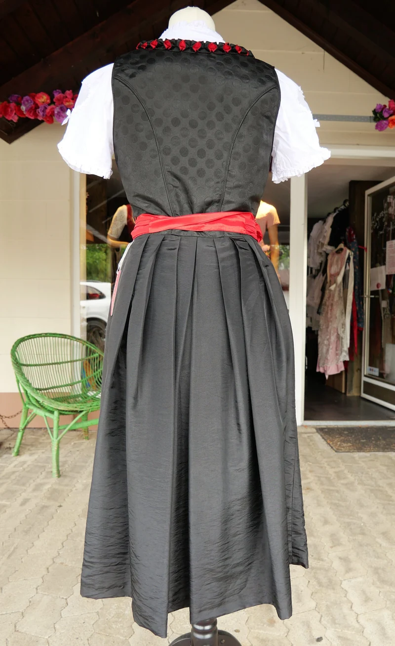 Dirndl Krüger Madl, Druckschürze, schwarz rot Midi 60 cm, Gr. 34