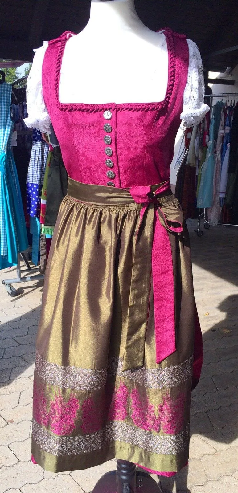 Dirndl Wenger, bordeaux, rot, grün, Midi 70 cm, Gr. 34