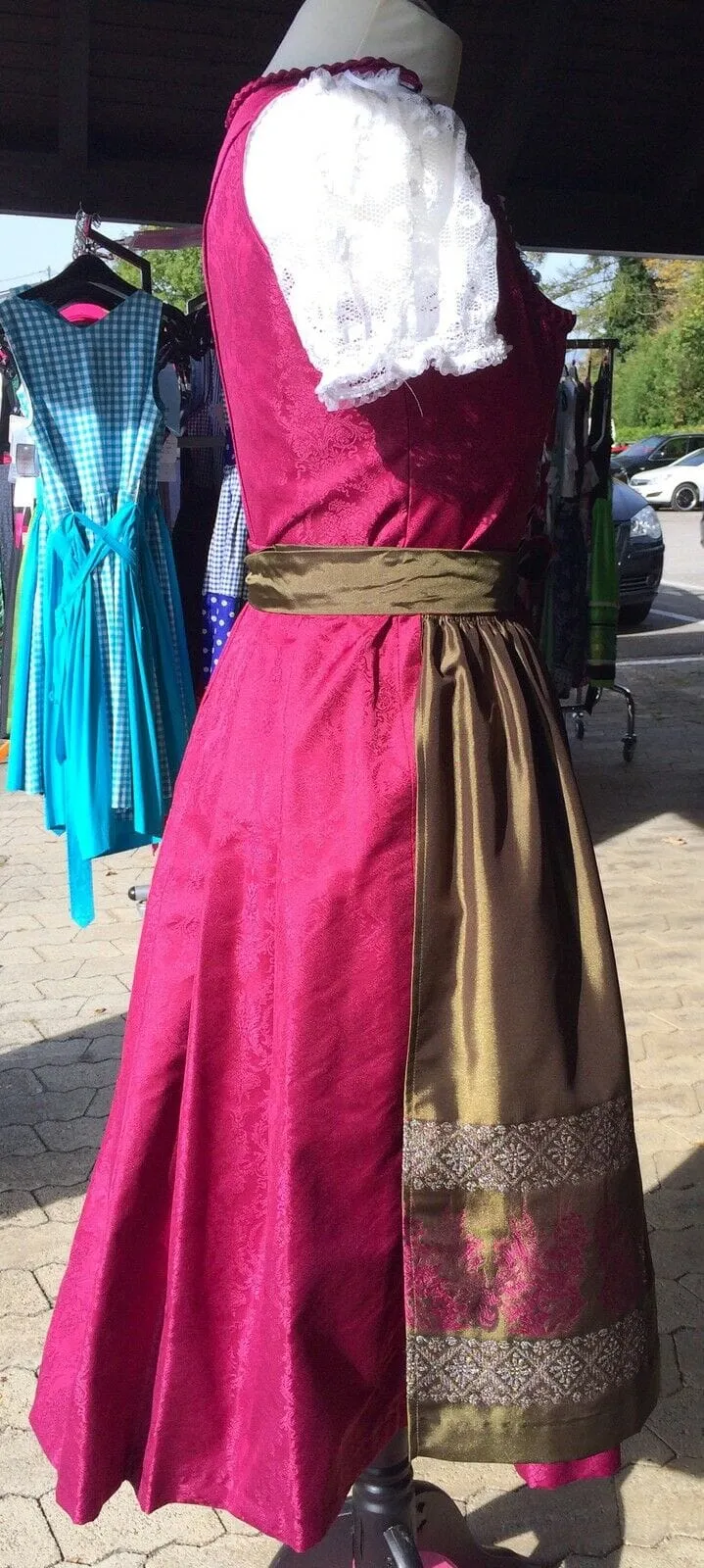 Dirndl Wenger, bordeaux, rot, grün, Midi 70 cm, Gr. 34