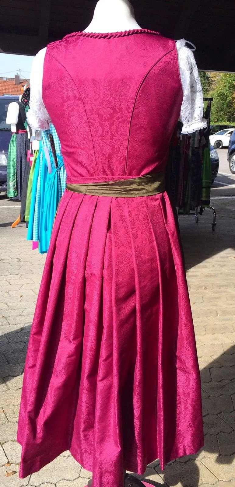 Dirndl Wenger, bordeaux, rot, grün, Midi 70 cm, Gr. 34
