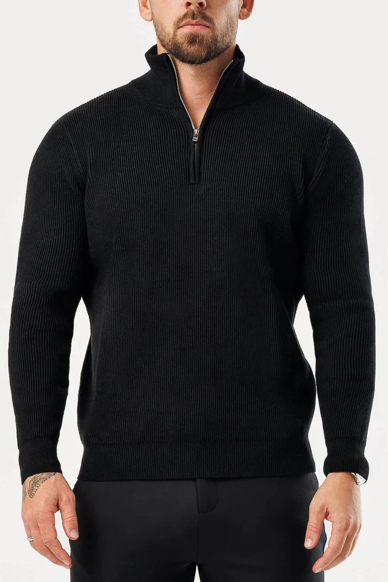 RIDGE KNIT QUARTER ZIP - BLACK