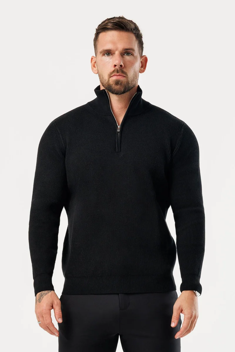 RIDGE KNIT QUARTER ZIP - BLACK