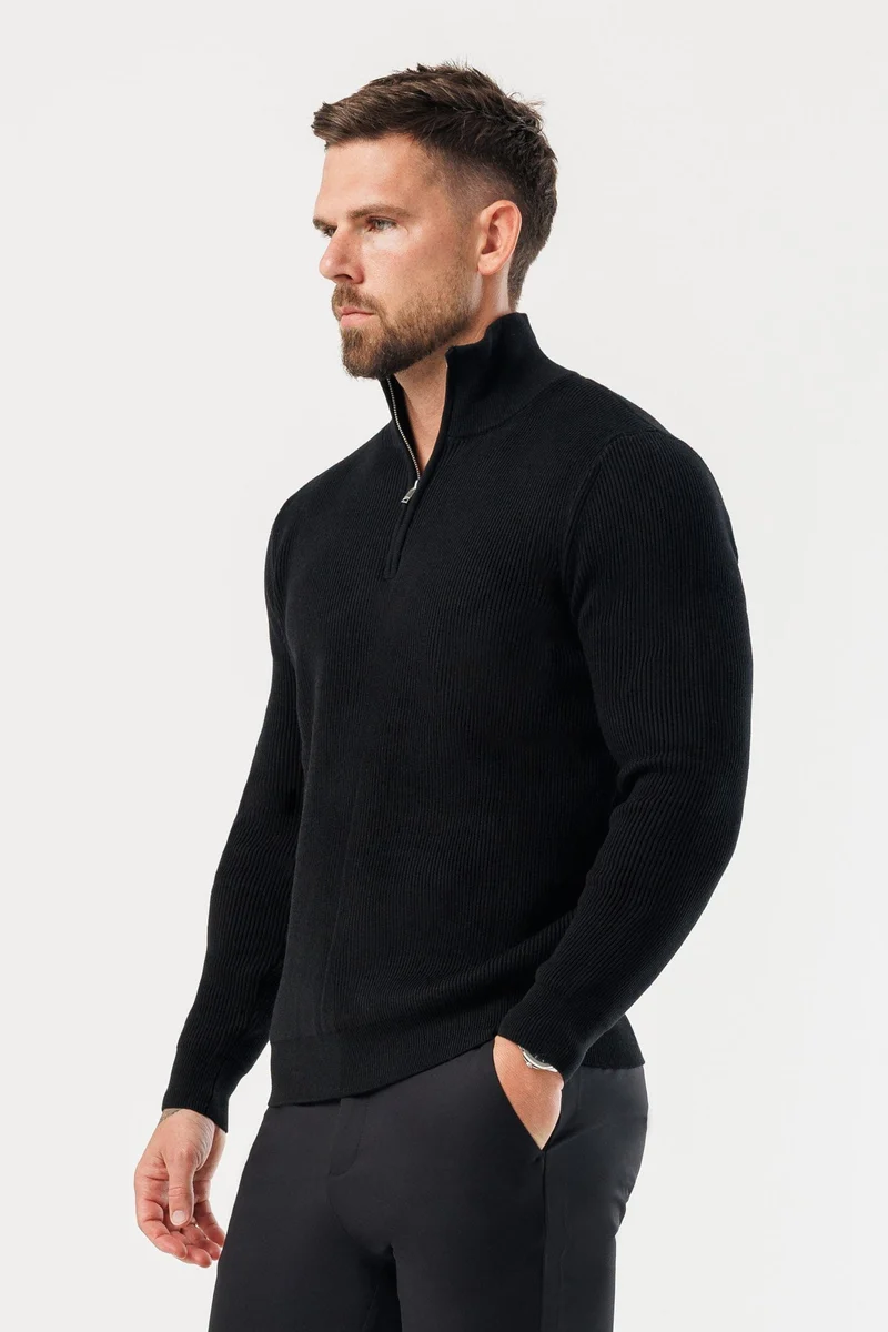 RIDGE KNIT QUARTER ZIP - BLACK