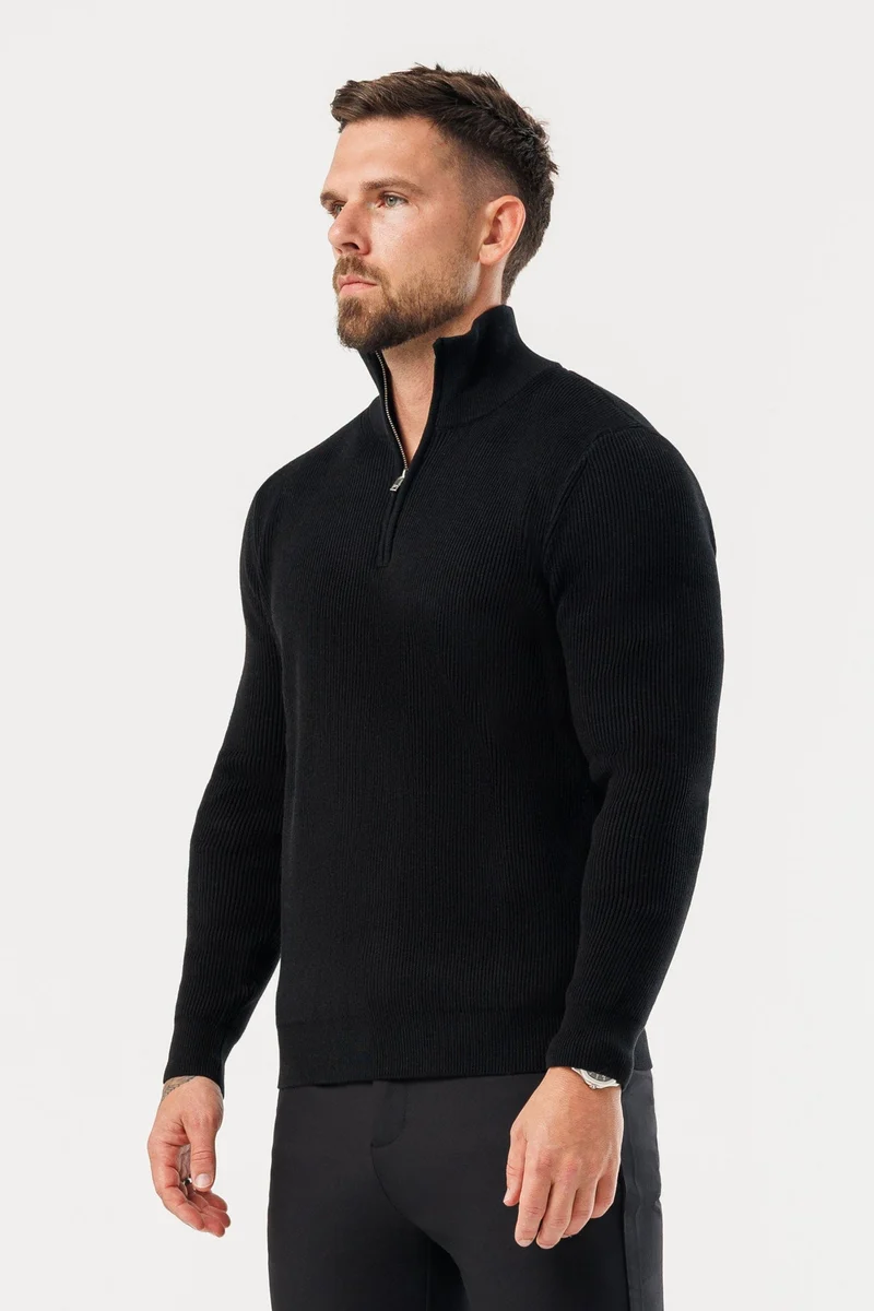 RIDGE KNIT QUARTER ZIP - BLACK