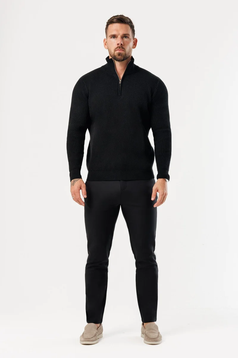 RIDGE KNIT QUARTER ZIP - BLACK