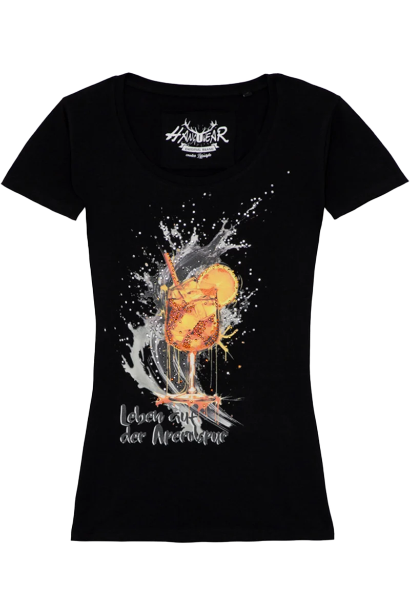 Damen T-Shirt mit Aperolglas und Glitzersteinen - schwarz