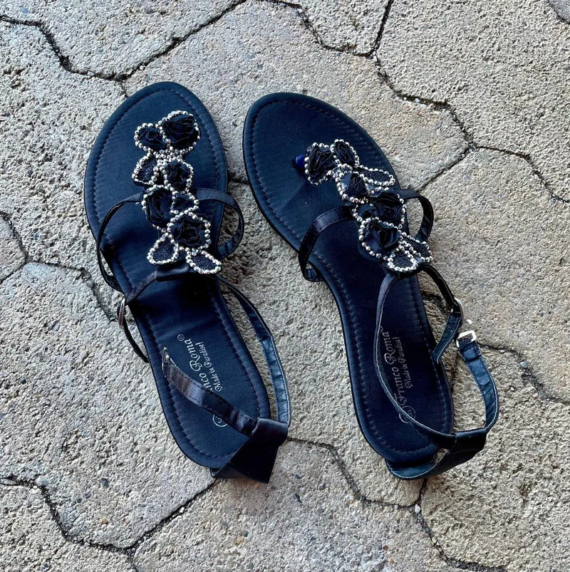 Sandalen, Zehentrenner, schwarz, Glitzer, Satin