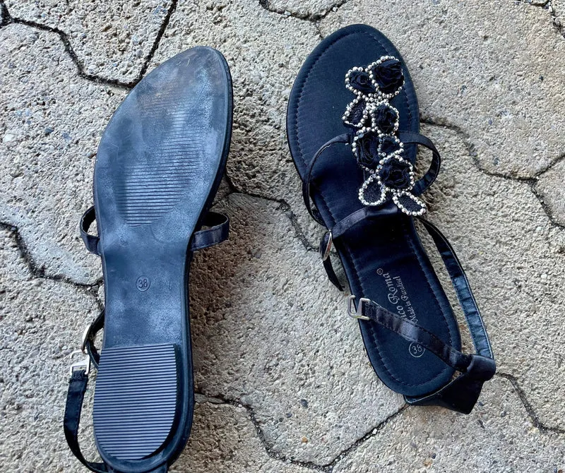 Sandalen, Zehentrenner, schwarz, Glitzer, Satin