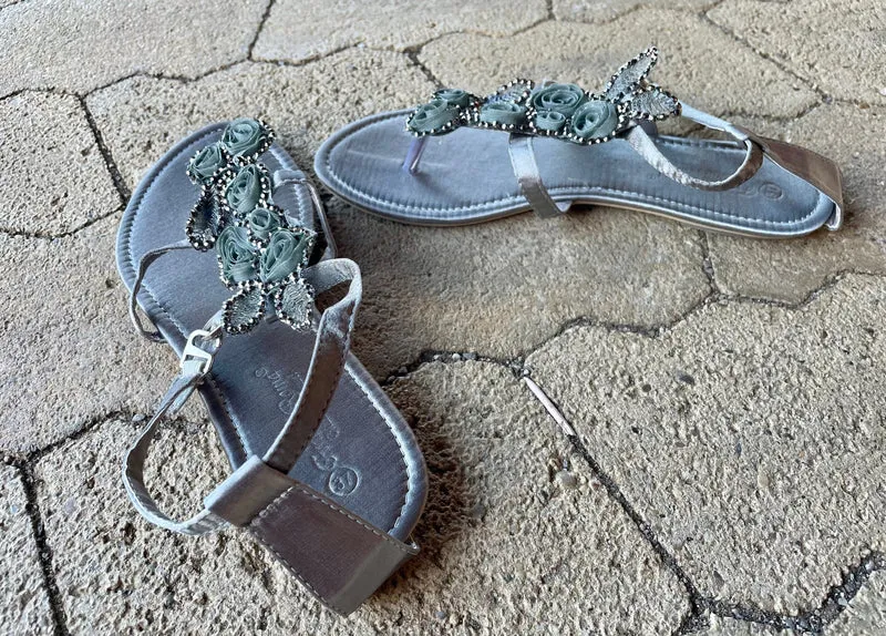 Sandalen, Zehentrenner, Grau, Glitzer, Silber