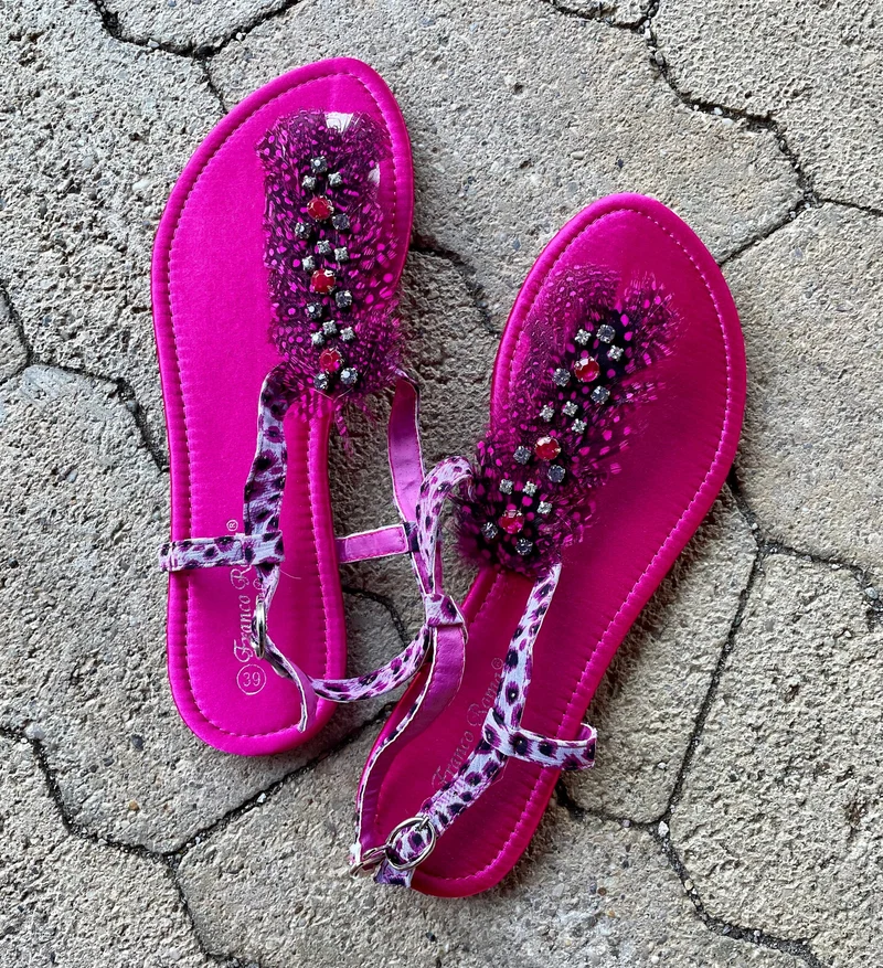 Sandalen, Zehentrenner, Pink, Federn, Leo, Gr. 37
