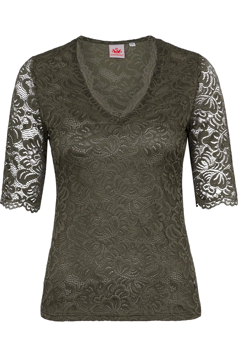 Damen Trachtenshirt mit floraler Spitze - oliv