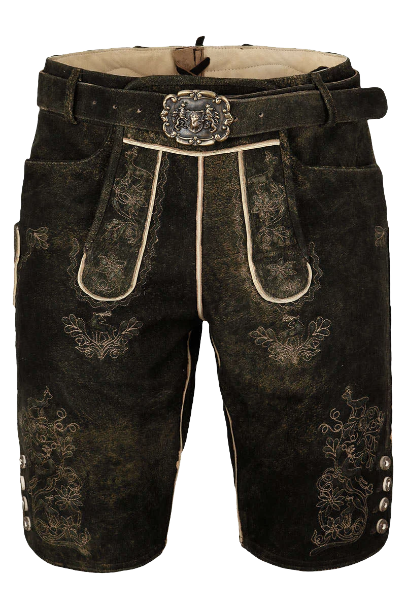 Kurze Herren Lederhose braun mit Gürtel beiger Stickerei