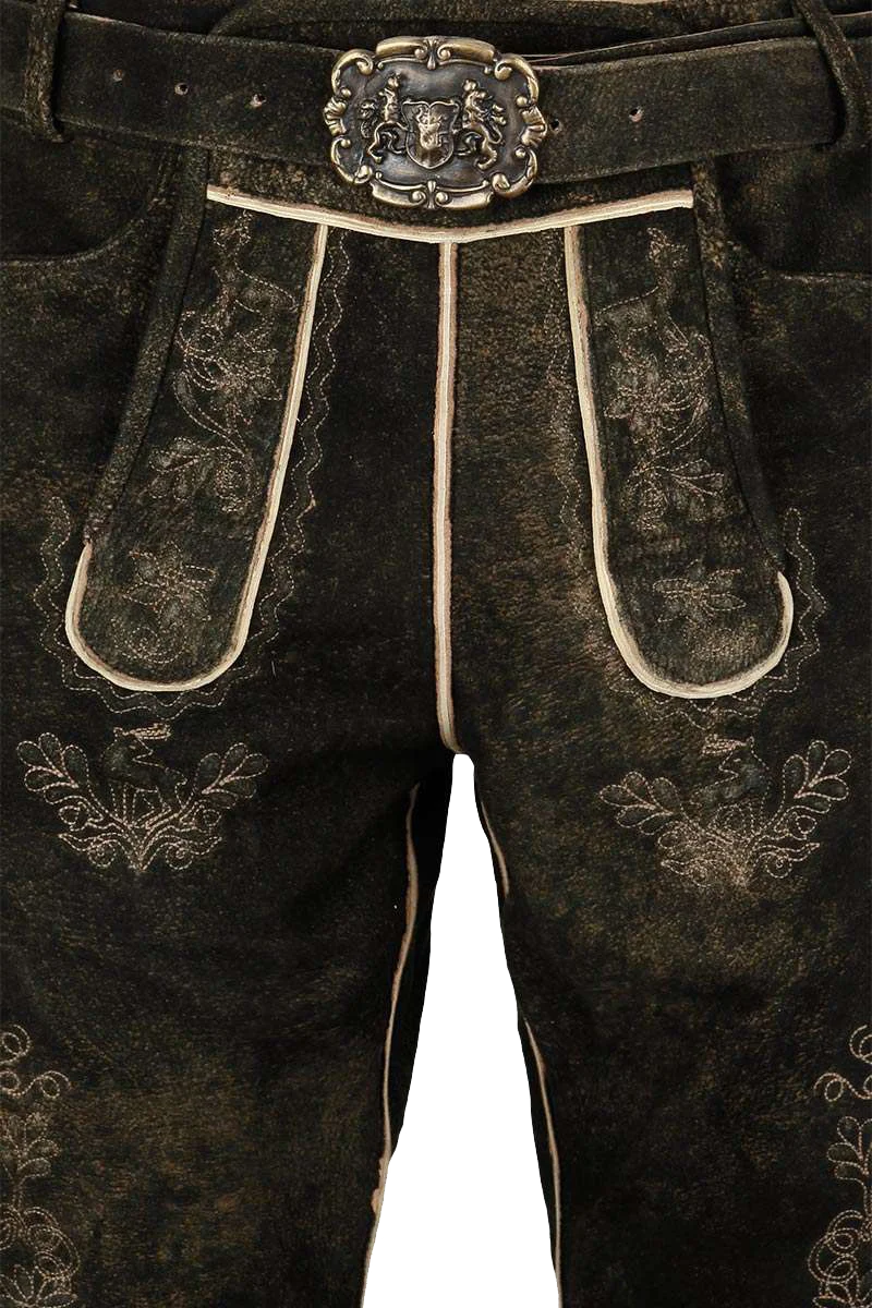 Kurze Herren Lederhose braun mit Gürtel beiger Stickerei