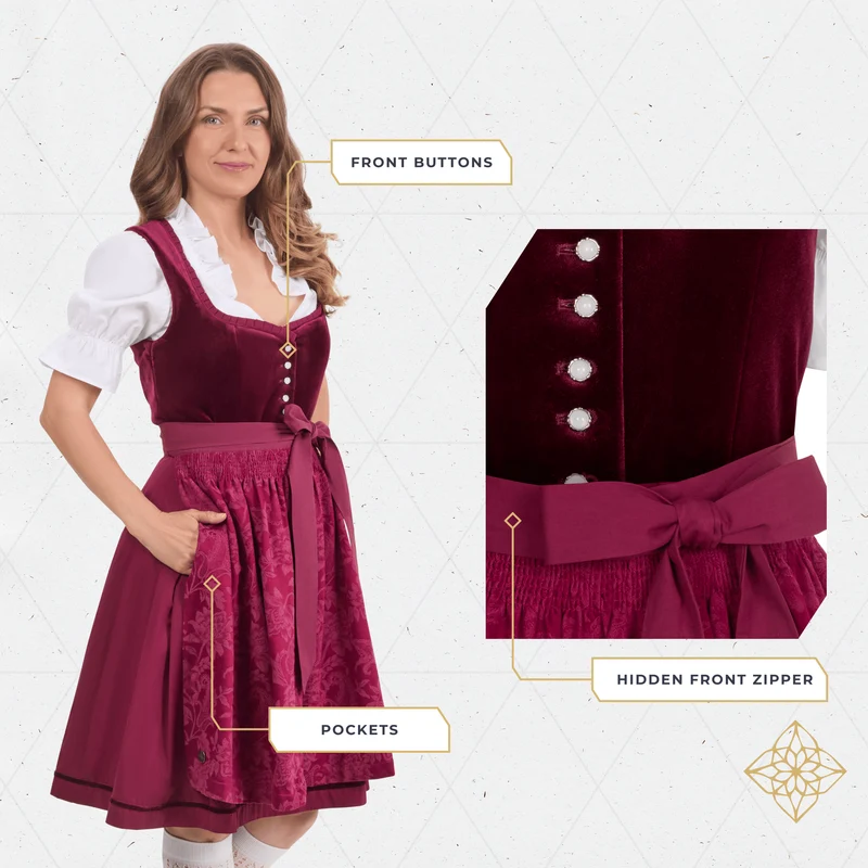 German Dirndl Dress Burgundy Velvet