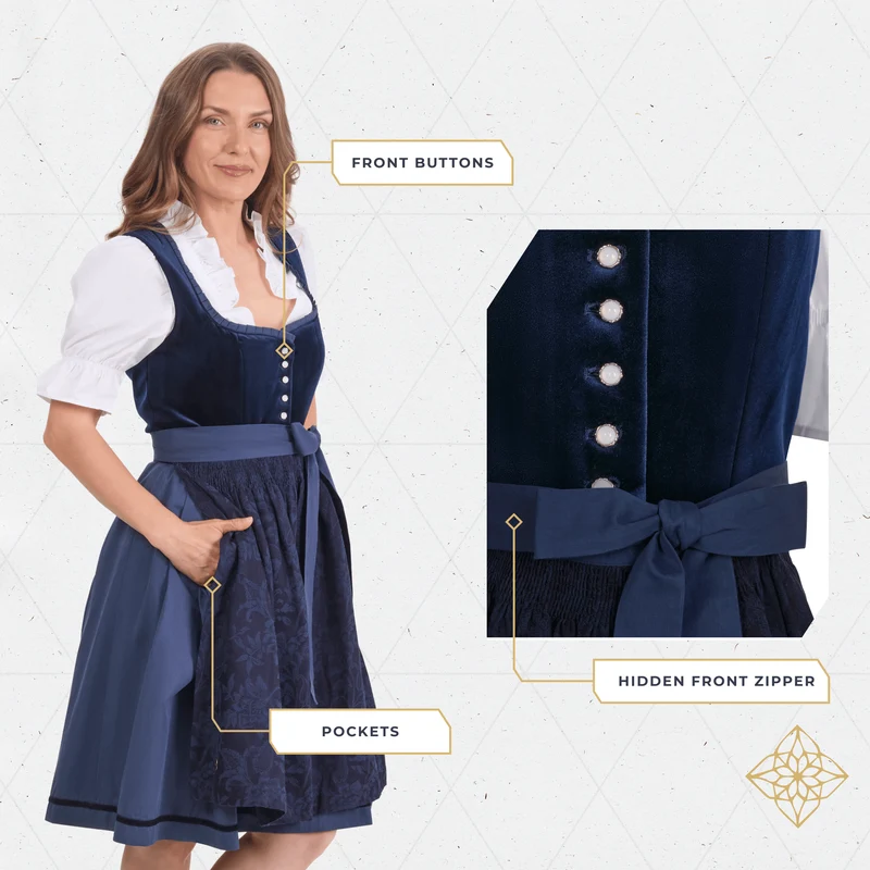German Dirndl Dress Dark Blue Velvet
