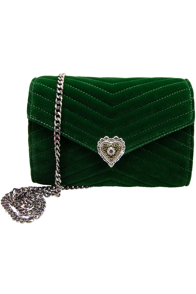 Damen Samtclutch mit Herz und Umhängekette - grün
