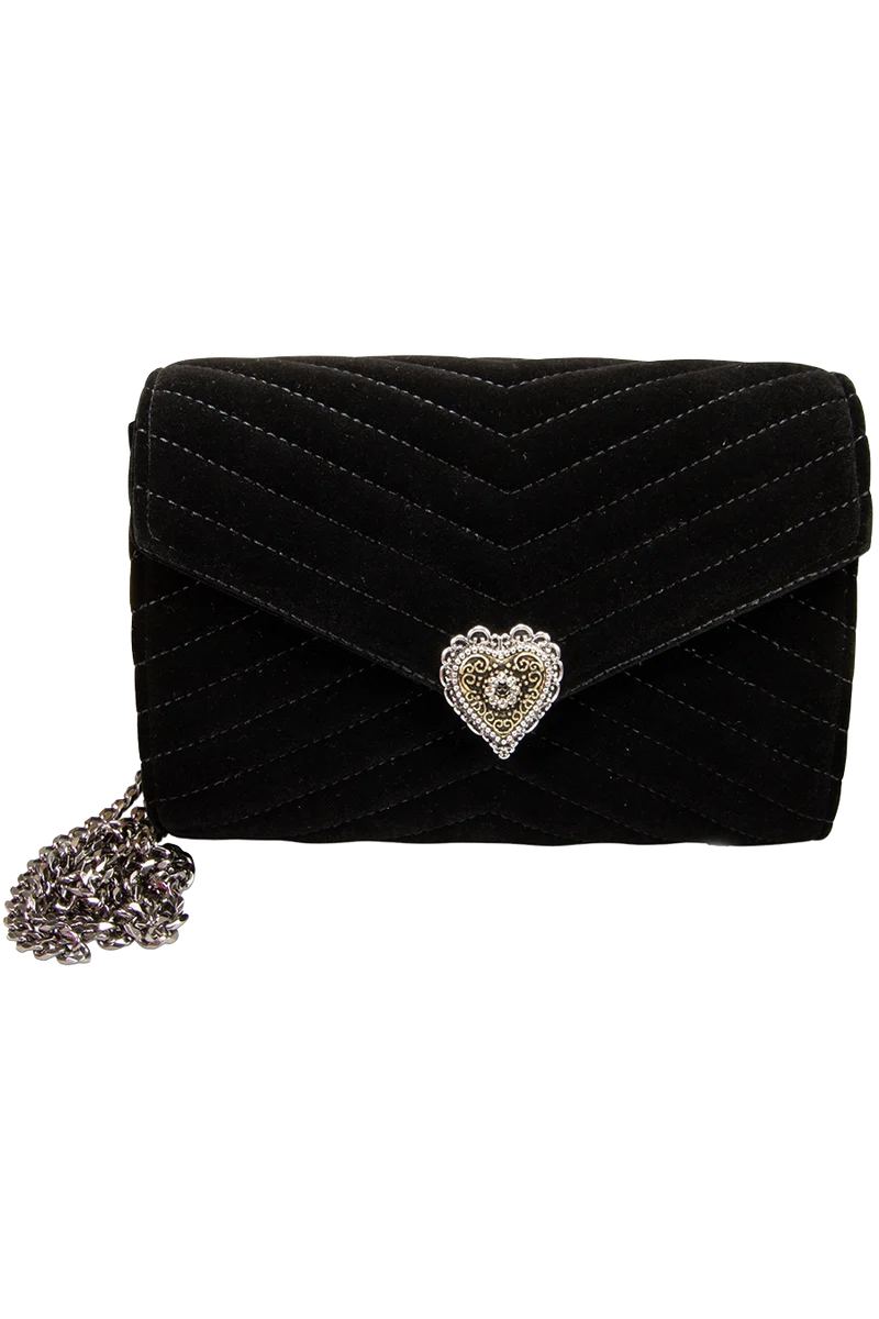 Damen Samtclutch mit Herz und Umhängekette - schwarz