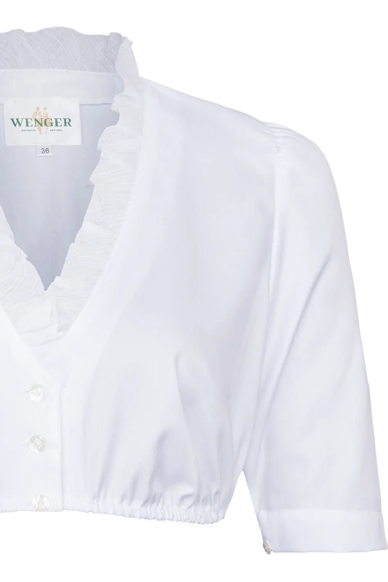 Dirndlbluse mit Rüschen am V-Ausschnitt - weiß