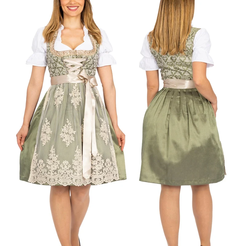German Dirndl Dress Set Green Gold with Blouse