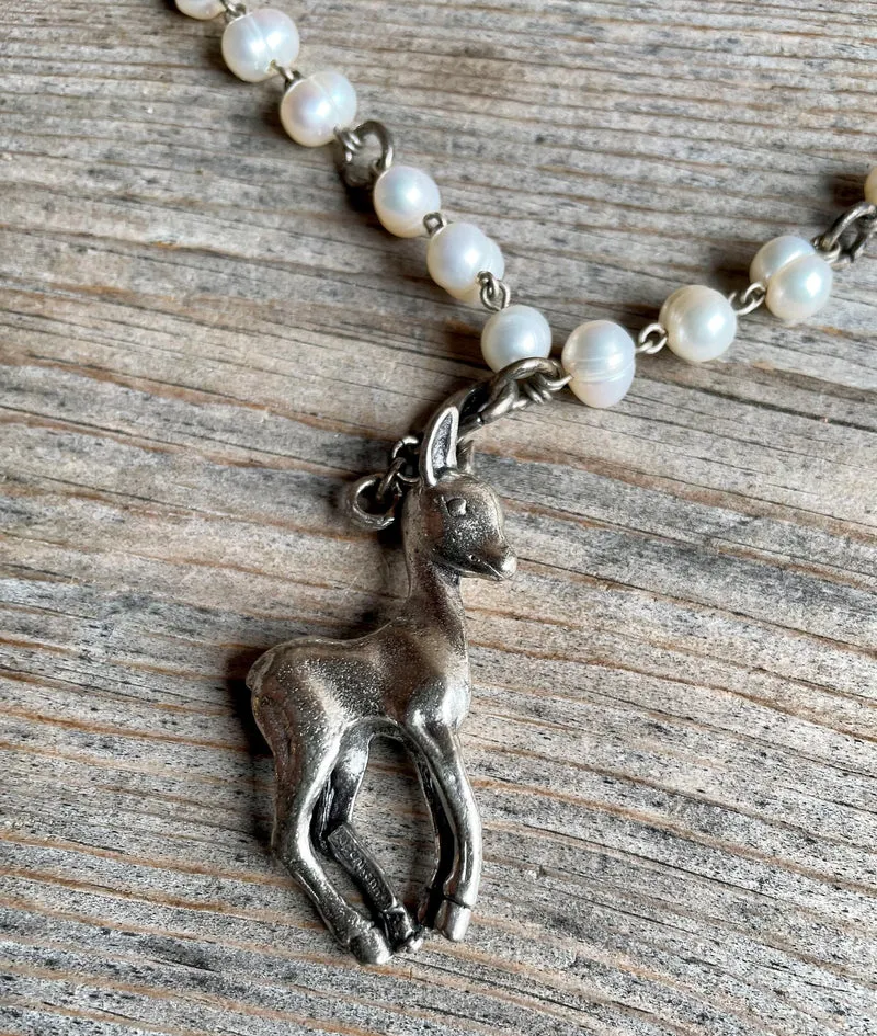 Trachten Kette Collier, Süßwasser Perlen, Reh