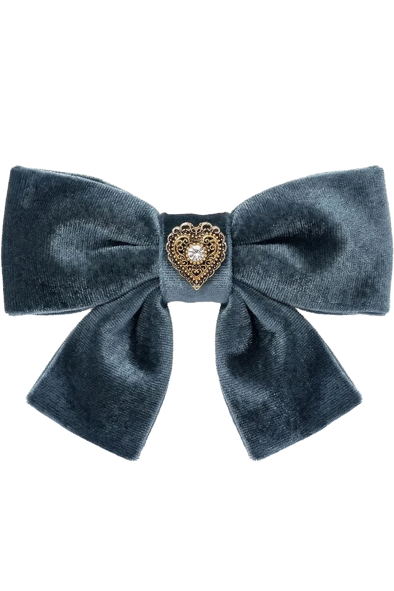 Damen Haarspange mit Samtschleife und Herz - grau blau