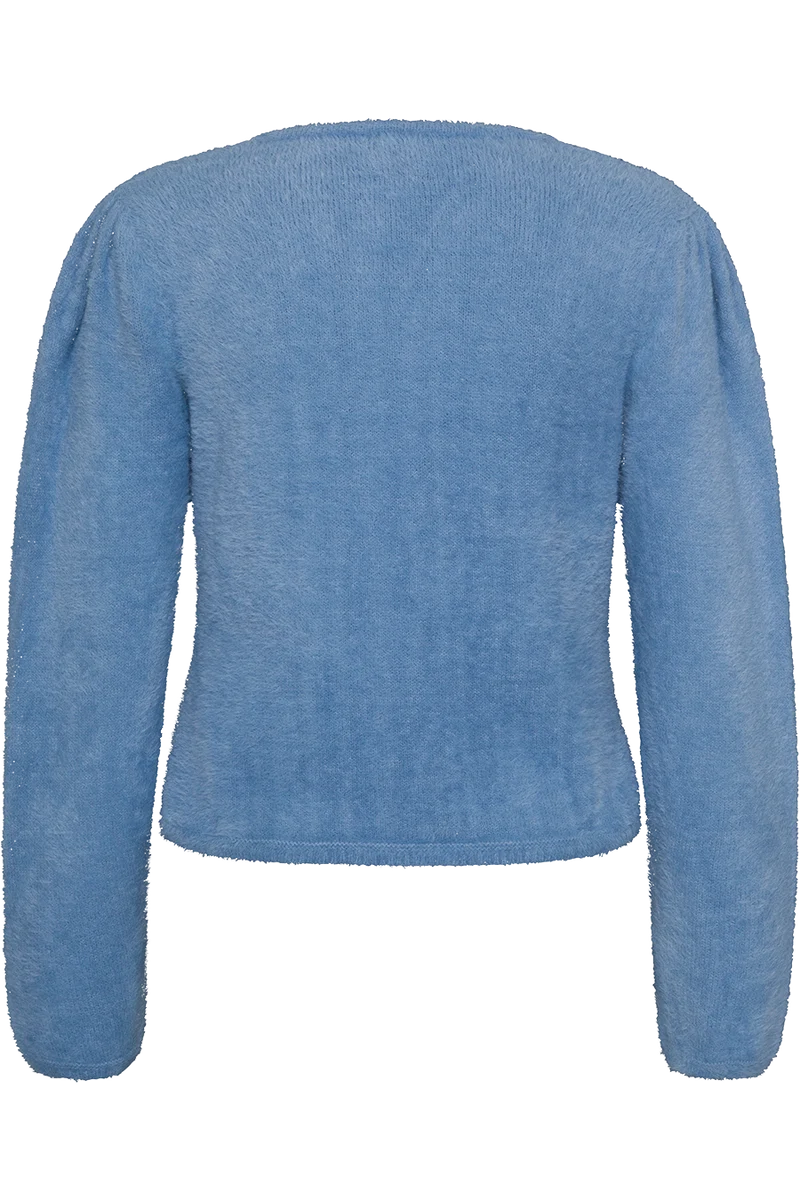 Damen Strickjacke flauschig mit Puffärmel - mittelblau